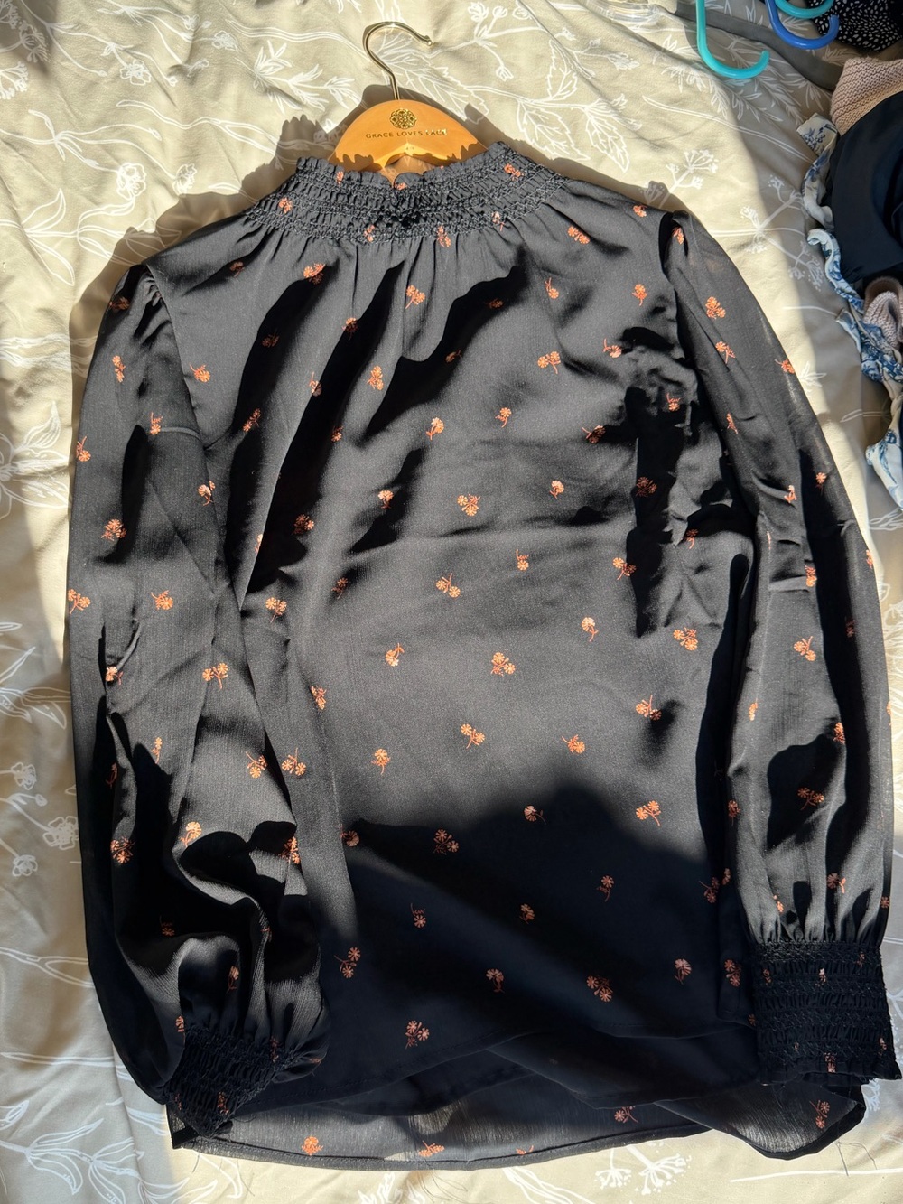 Madewell Black Blouse with Rust Floral Print